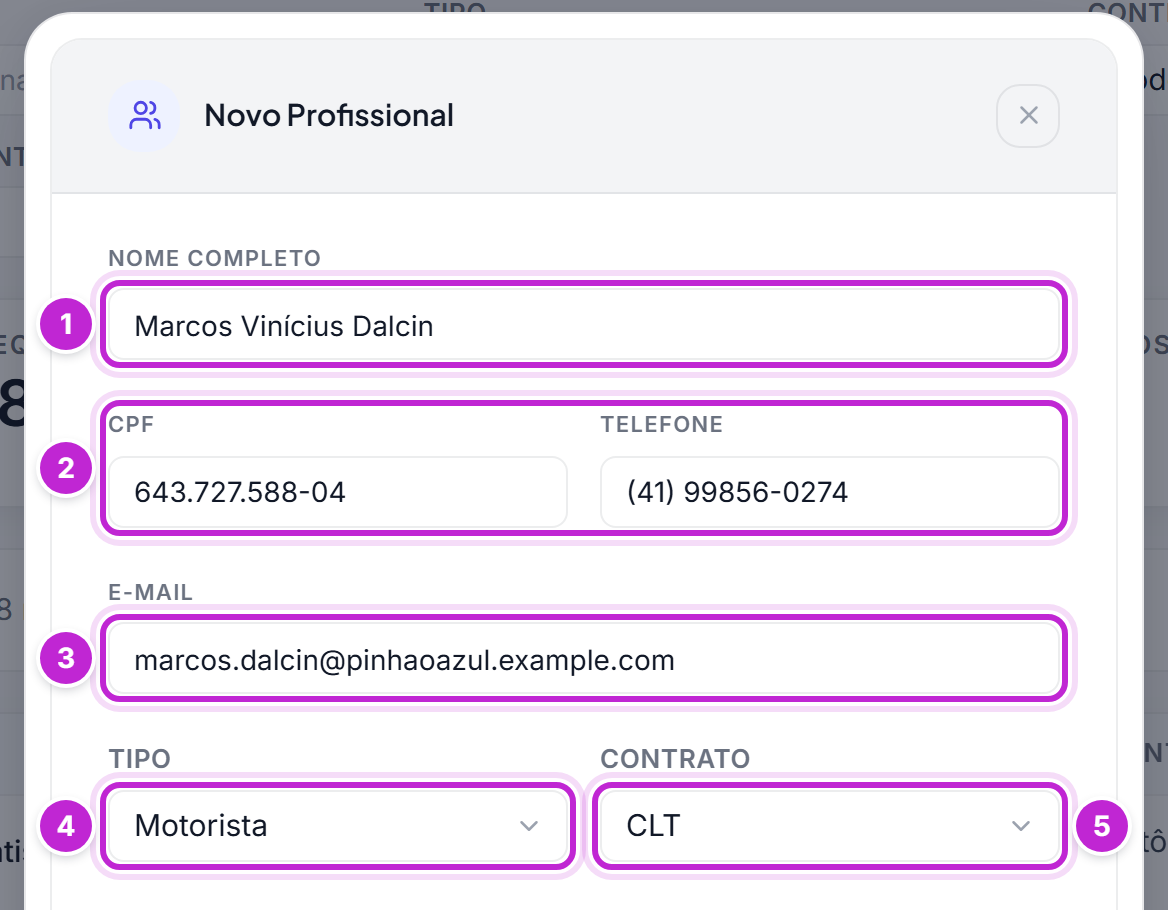 Janela Novo Profissional preenchida com nome, CPF, telefone, e-mail, tipo Motorista e contrato CLT