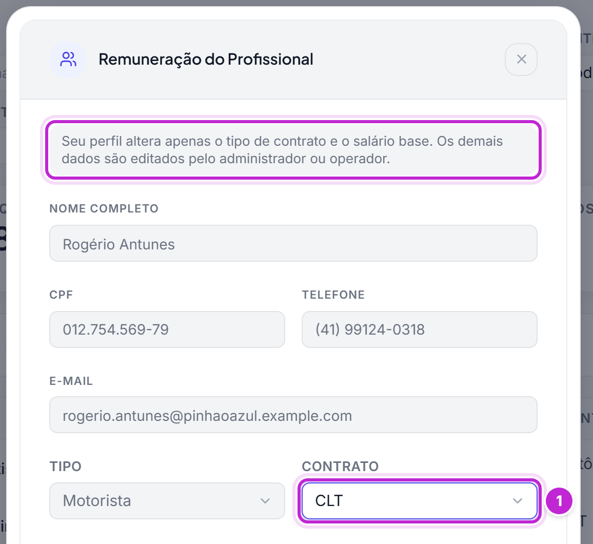 Janela Remuneração do Profissional vista pelo Financeiro, com os dados cadastrais travados e os campos Contrato e Salário Base liberados
