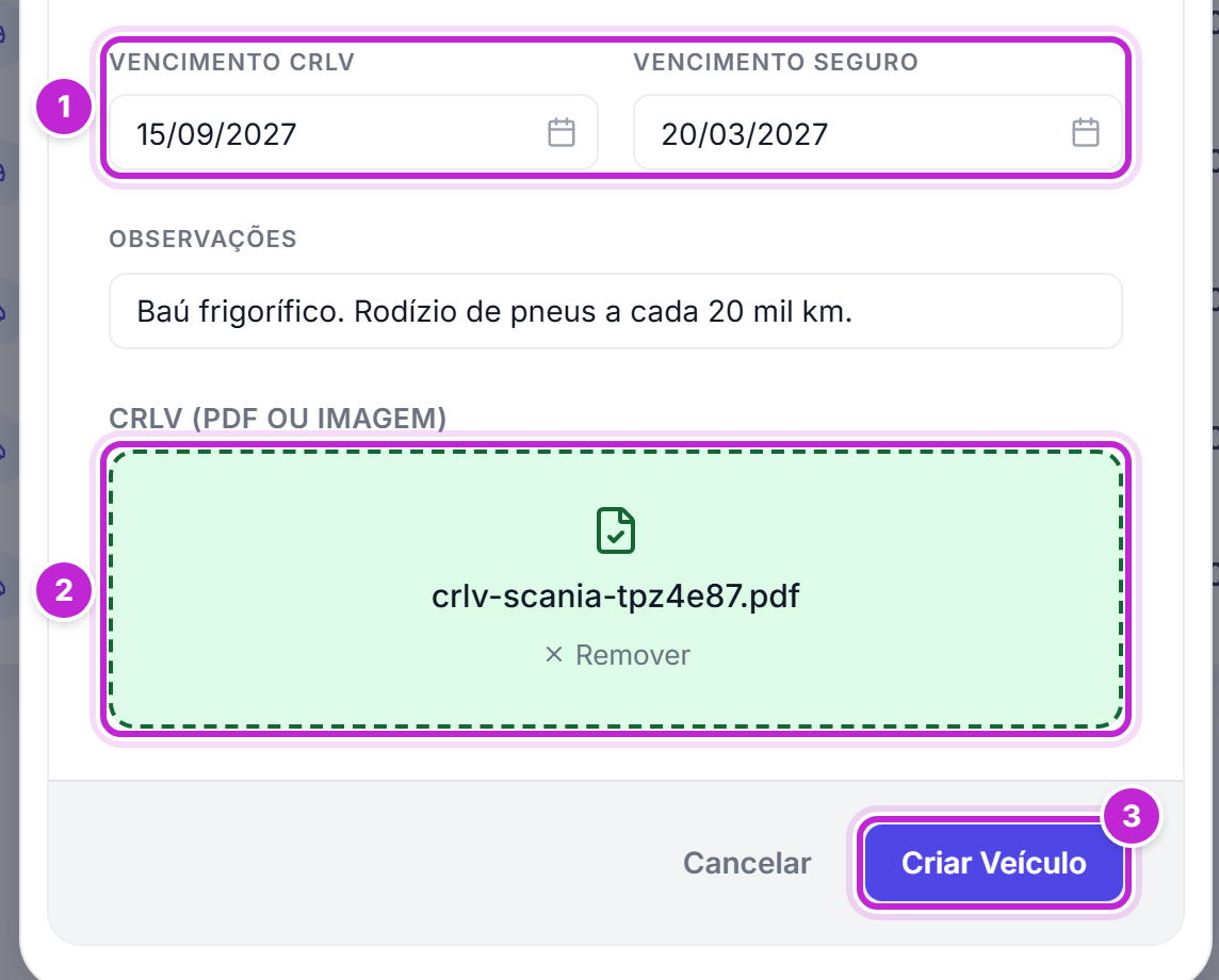 Parte de baixo da janela Novo Veículo com os vencimentos do CRLV e do seguro, o arquivo do CRLV selecionado e o botão Criar Veículo